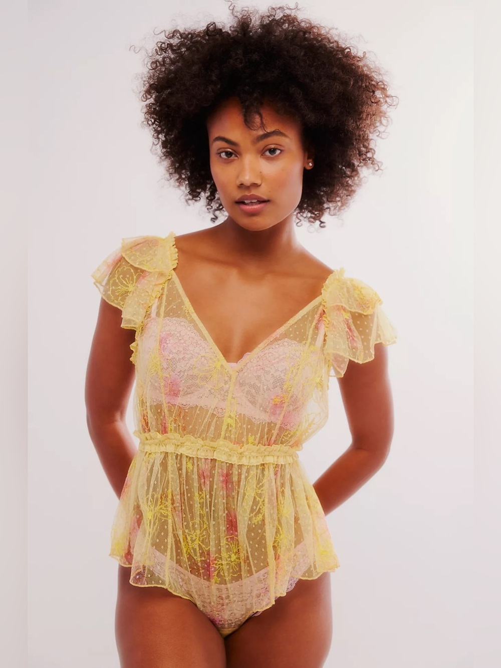NEW! Free People Postcard From Paris Yellow Floral Lace Teddy Size XL